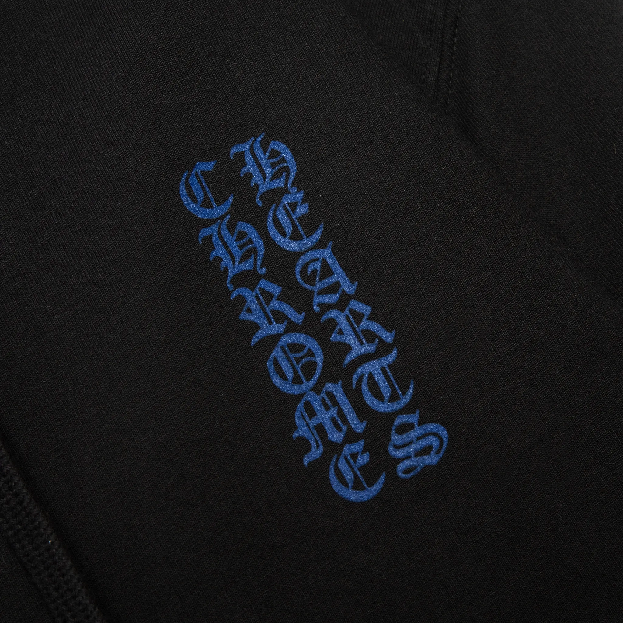 Front Logo View of Chrome Hearts 1988 Script Logo Zip-Up Black Blue Hoodie